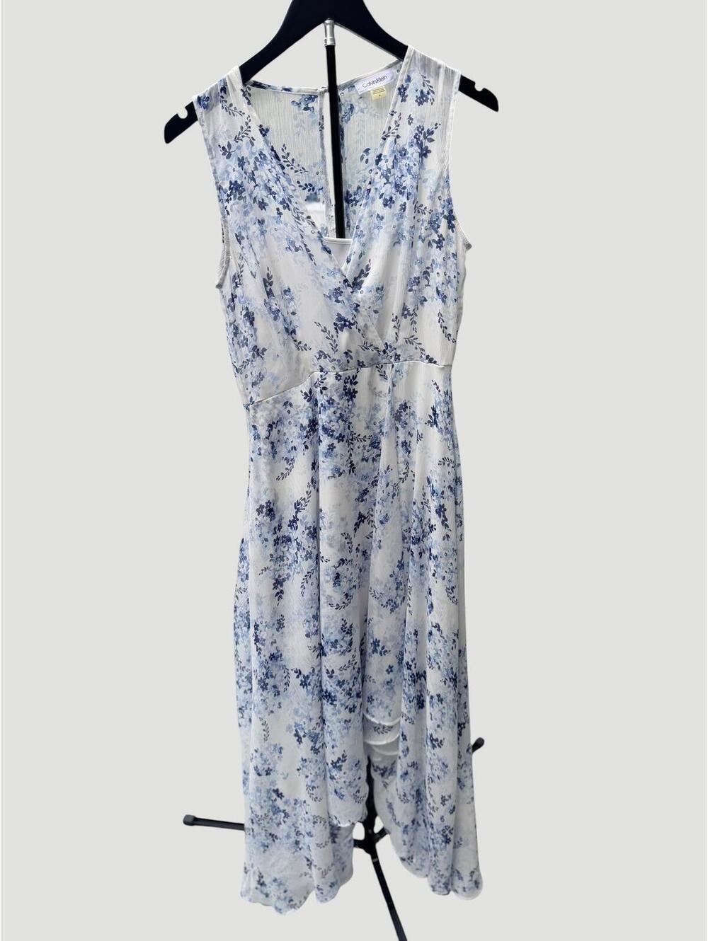 Calvin Klein White and Blue Floral Sleeveless V-Neck Hi-Low Dress Size 4 - Picture 2 of 7